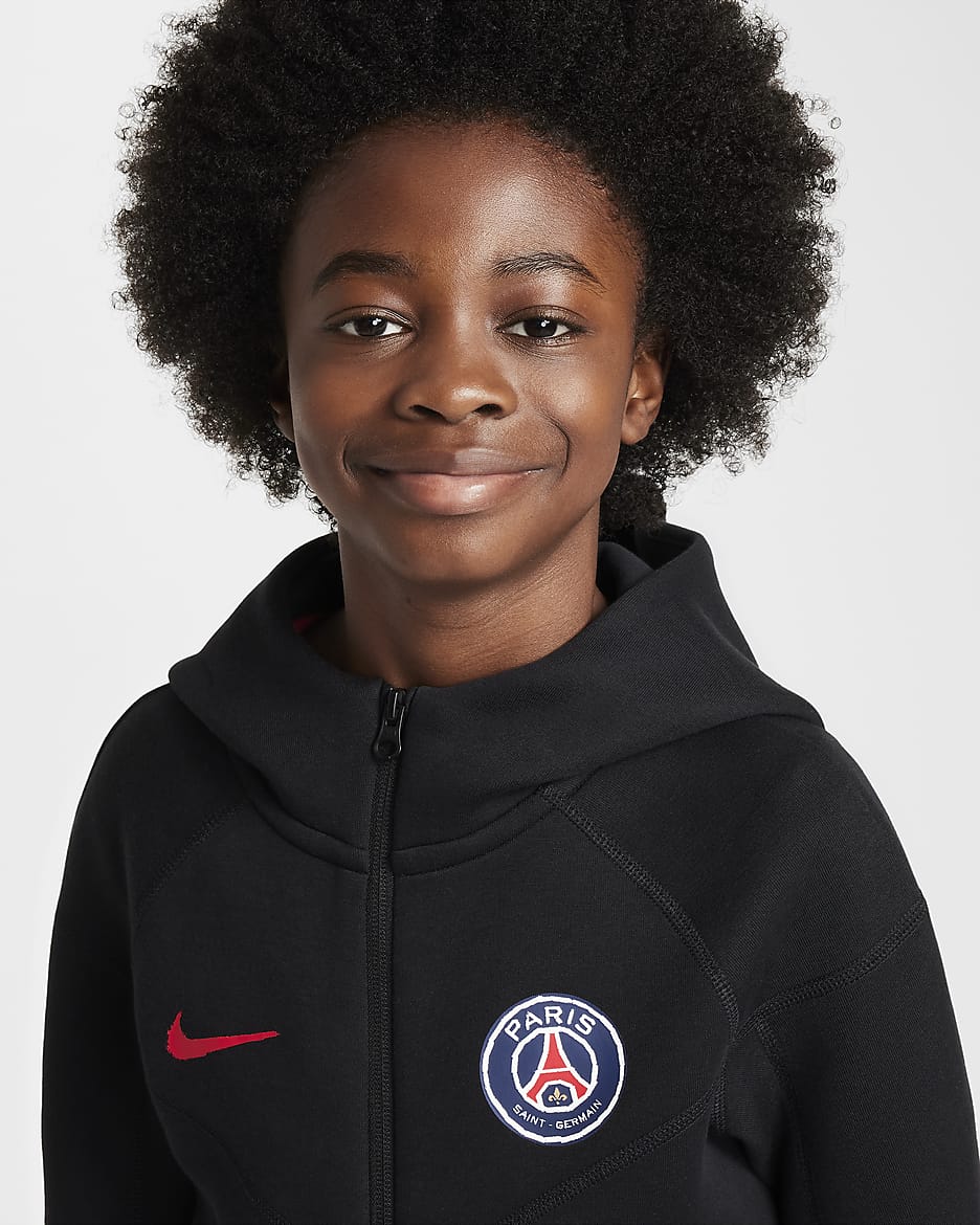 Mikina Nike Football Paris Saint-Germain Tech Fleece s kapucí a zipem po celé délce pro chlapce - Černá/University Red