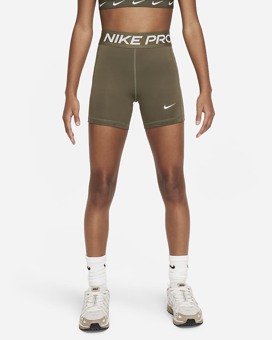 Nike Pro Leak Protection: Period Girls' Dri-FIT Shorts - Medium Olive/White