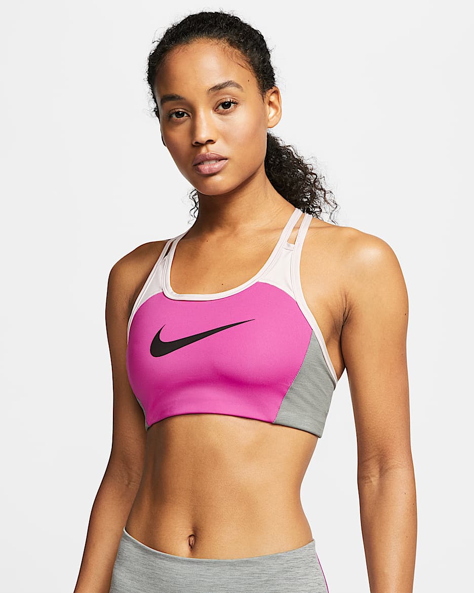 Nike Swoosh Women's Medium-Support 1-Piece Pad Color-Block Sports Bra - Active Fuchsia/Barely Rose/Smoke Grey/Black