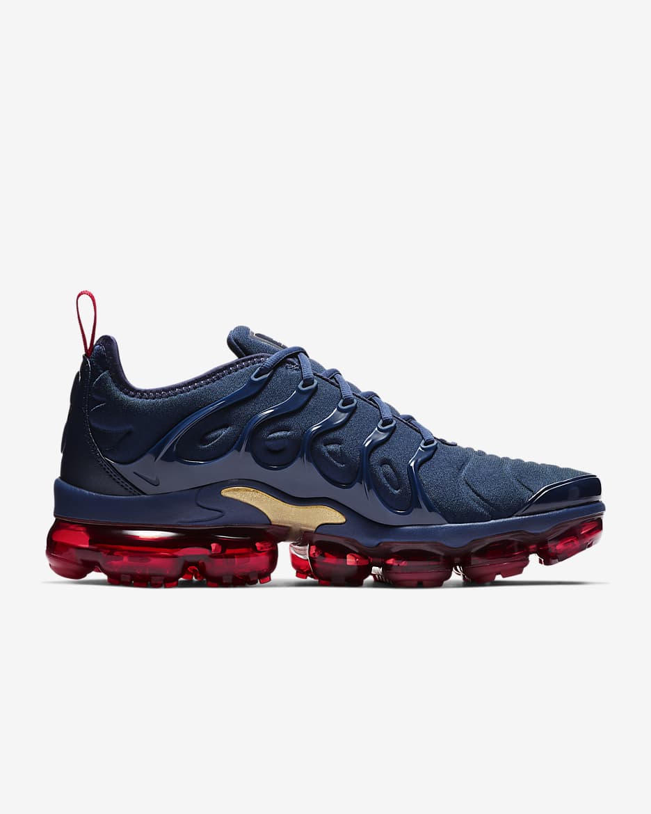 Tenis para hombre Nike Air VaporMax Plus - Azul marino medianoche/Negro/Rojo universitario/Oro metalizado