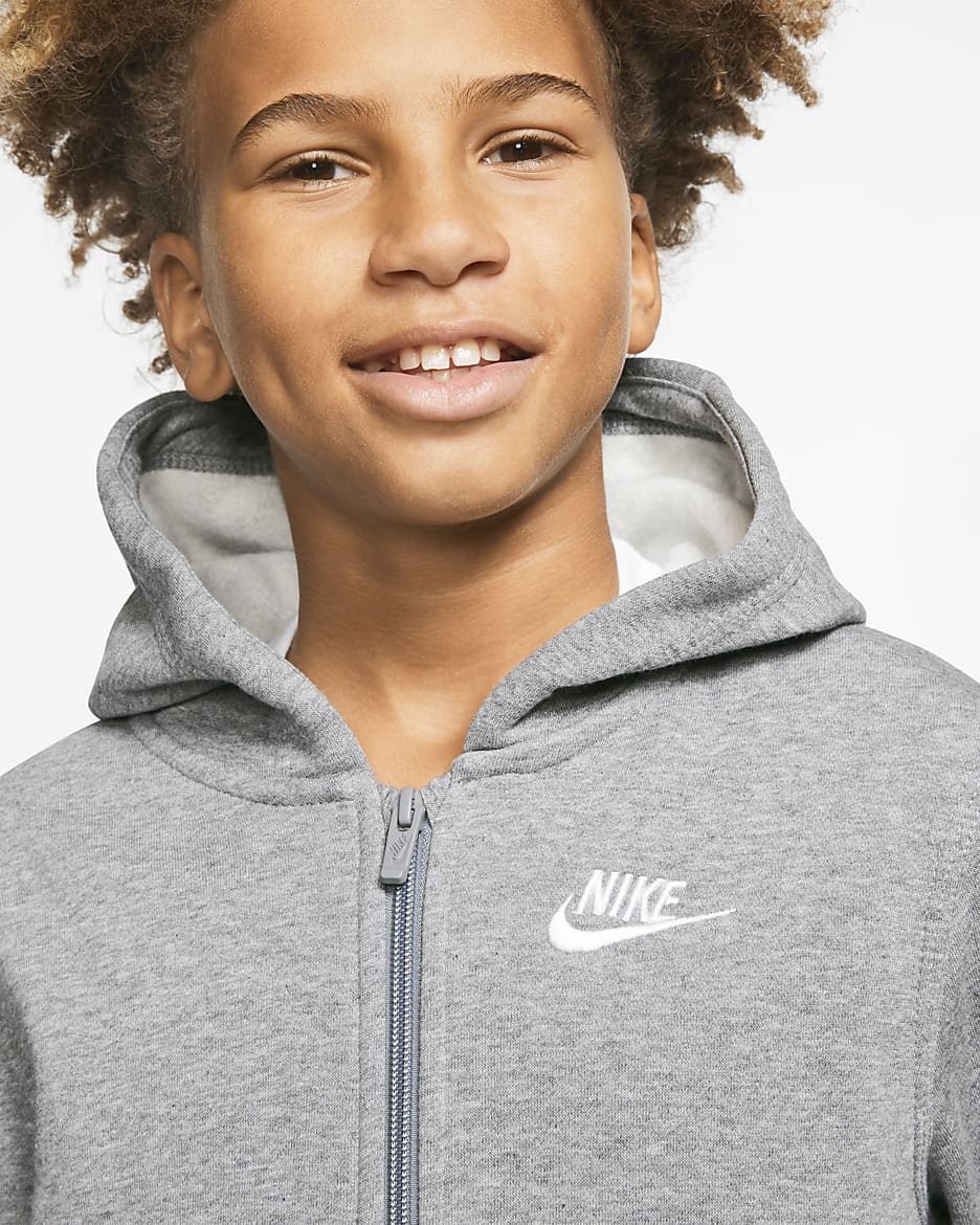 Nike Sportswear Club Big Kids' Full-Zip Hoodie - Carbon Heather/Smoke Grey/White