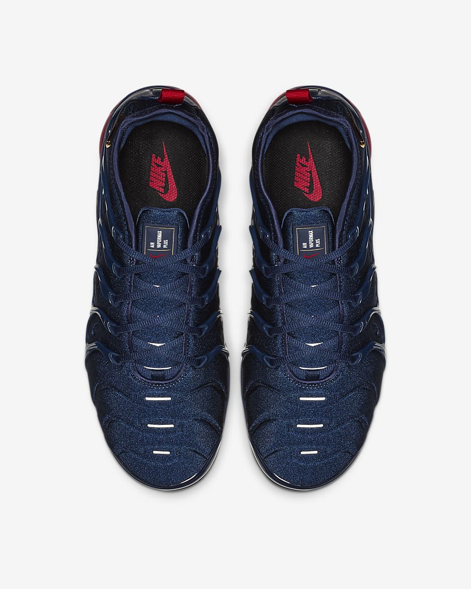 Tenis para hombre Nike Air VaporMax Plus - Azul marino medianoche/Negro/Rojo universitario/Oro metalizado