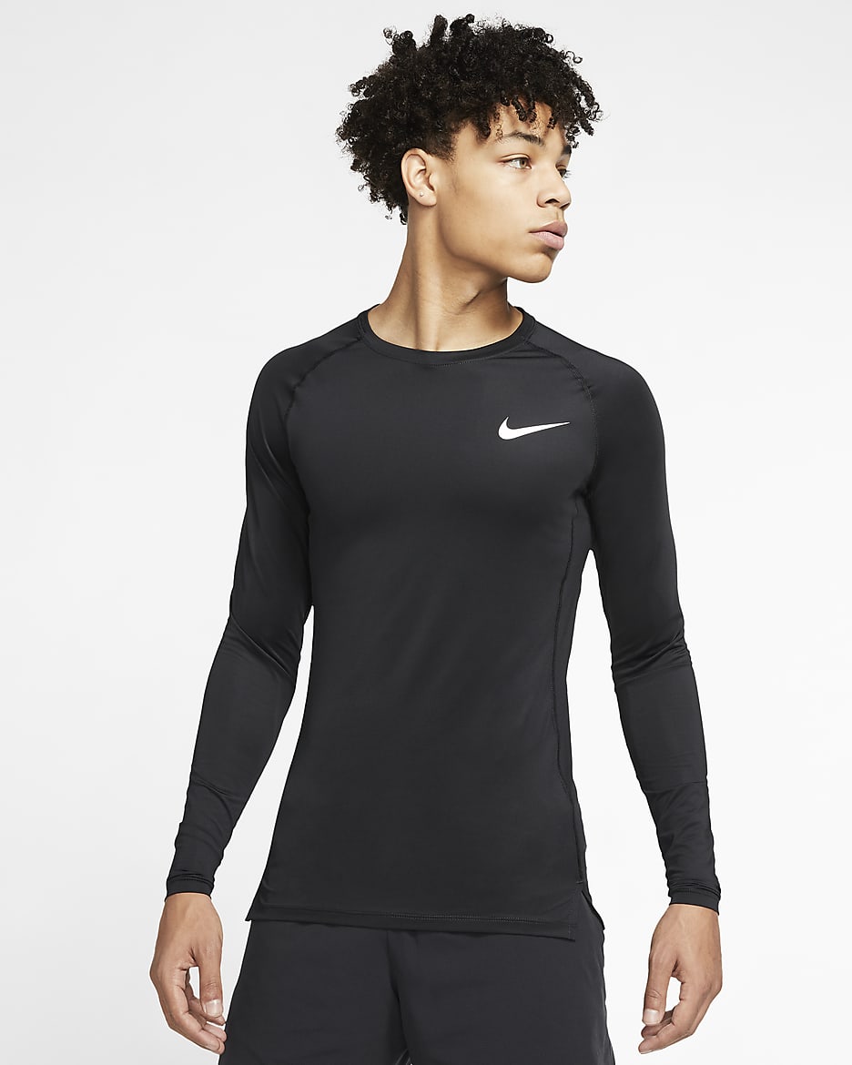 Nike Pro 男款緊身長袖上衣 - 黑色/白色