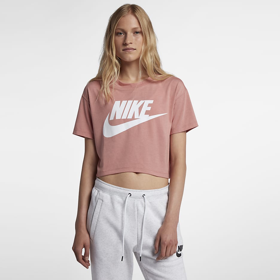 Nike Essential Cropped Damen-Kurzarmoberteil - Rust Pink/Weiß