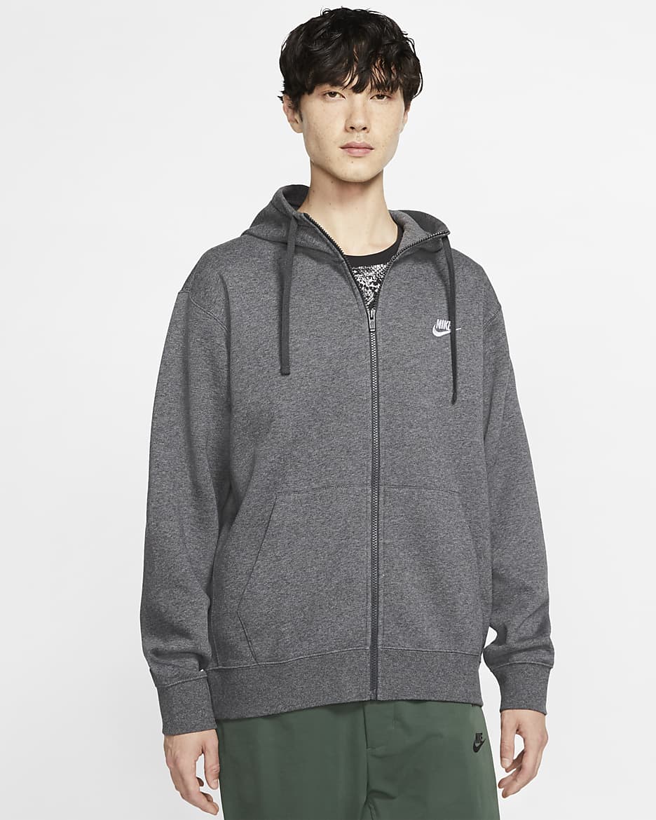 Nike Sportswear Club Fleece Men's Full-Zip Hoodie - Charcoal Heather/Anthracite/White