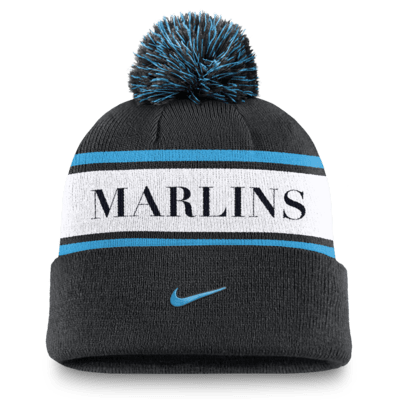 Gorro Nike de la MLB con dobladillo y pompón para hombre Miami Marlins Team Stripe Peak