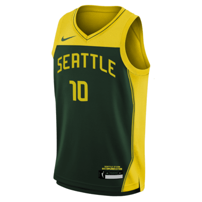 Jersey de la WNBA de alero polivalente Nike Dri-FIT para niño talla grande Sue Bird Seattle Storm 2024 Explorer Edition