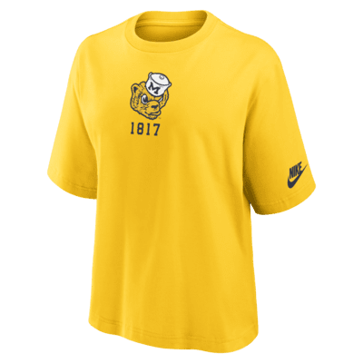 Playera universitaria Nike para mujer Michigan Wolverines Legacy Established Boxy