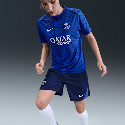 Kortärmad fotbollströja för uppvärmning Paris Saint-Germain Academy Pro Nike Dri-FIT för kvinnor (hemmaställ)