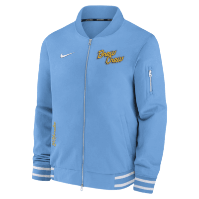 Chamarra bomber Nike de la MLB de cierre completo para hombre Milwaukee Brewers Authentic Collection City Connect Game Time