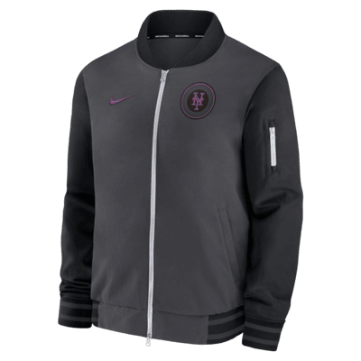 Chamarra bomber Nike de la MLB de cierre completo para hombre New York Mets Authentic Collection City Connect Game Time