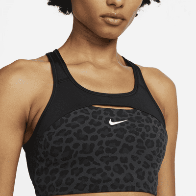 Bra deportivo con estampado de leopardo sin almohadilla de media sujeción para mujer Nike Swoosh