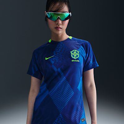 Camisa Brasil 2025 Away — frente com padrões geométricos e Swoosh em verde neon