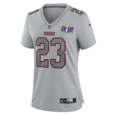 Jersey game Nike de la NFL Atmosphere para mujer Christian McCaffrey San Francisco 49ers Super Bowl LVIII