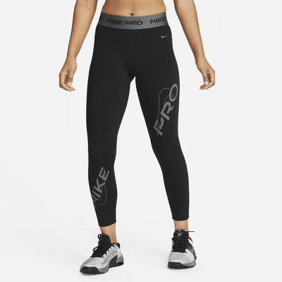 Black Nike Womens Pro Dri Fit Graphic Mid Rise Leggings - Get The