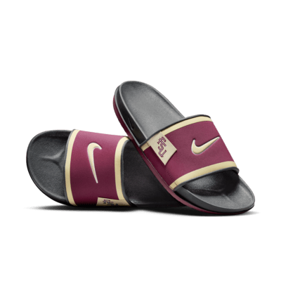 burgundy nike sandals with gold check
