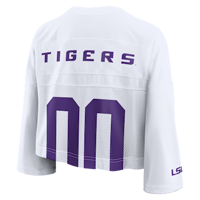 Playera universitaria Nike Dri-FIT cropped para mujer LSU Jersey