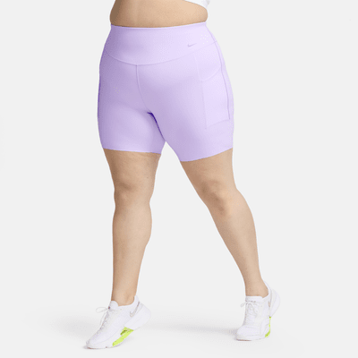 Shorts de ciclismo de 20 cm de tiro alto de media sujeción para mujer Nike Universa con bolsillos (talla grande)