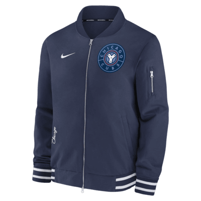 Chamarra bomber Nike de la MLB de cierre completo para hombre Chicago Cubs Authentic Collection City Connect Game Time