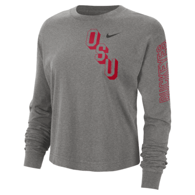 Playera de cuello redondo universitaria Nike de corte cuadrado para mujer Ohio State Heritage