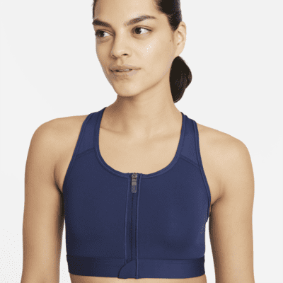 Bra deportivo con cierre al frente y almohadilla de media sujeción para mujer Nike Swoosh