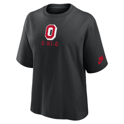 Playera universitaria Nike para mujer Ohio State Buckeyes Legacy Established Boxy