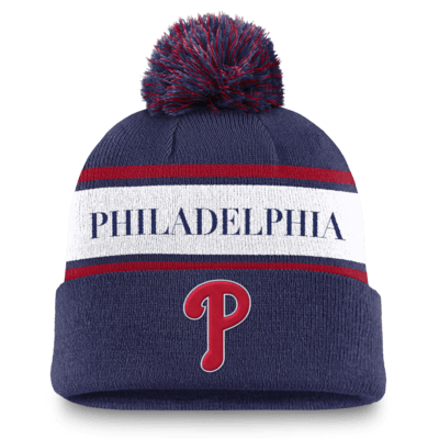 Philadelphia Phillies Team Stripe Peak Men's Nike MLB Cuffed Pom Beanie