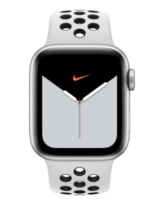 Apple Watch Nike Series 5 (GPS + Cellular) med Nike Sportsrem Box 44 mm urkasse i sølvfarvet aluminium. Nike
