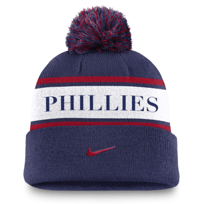 Philadelphia Phillies Team Stripe Peak Men's Nike MLB Cuffed Pom Beanie