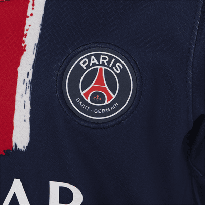 Conjunto de três peças de futebol de réplica Nike do equipamento principal Stadium Paris Saint-Germain 2024/25 para criança