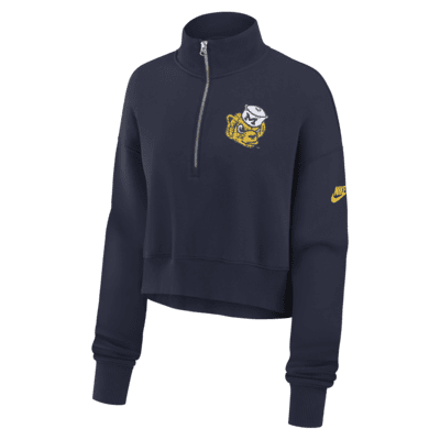 Sudadera de cuello redondo universitaria Nike cropped de cierre de 1/4 para mujer Michigan Wolverines Legacy Elevated Logo