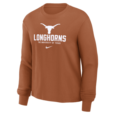 Playera de manga larga universitaria Nike para mujer Texas Longhorns Primetime University Boxy