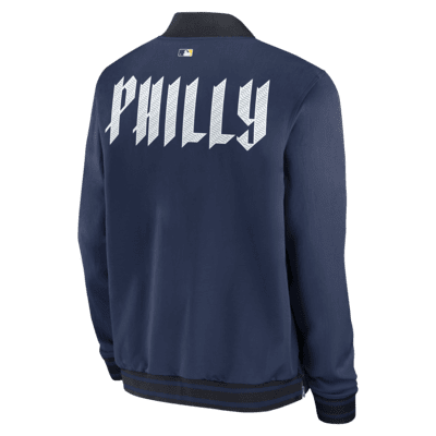 Chamarra bomber Nike de la MLB de cierre completo para hombre Philadelphia Phillies Authentic Collection City Connect Game Time