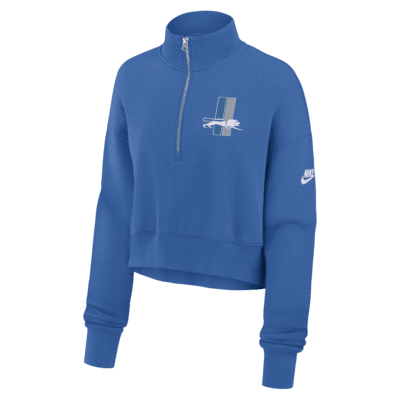 Sudadera de cuello redondo Nike de la NFL cropped con cierre de 1/4 para mujer Detroit Lions Rewind Phoenix