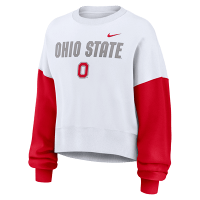 Sudadera de cuello redondo sin cierre universitaria Nike para mujer Ohio State Buckeyes Primetime