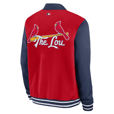 Chamarra bomber Nike de la MLB de cierre completo para hombre St. Louis Cardinals Authentic Collection City Connect Game Time