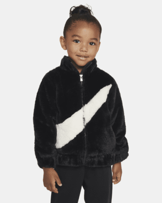 nike faux fur oversized swoosh jacket in black