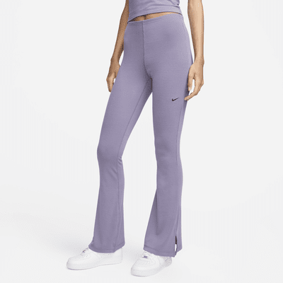 Women Purple Ribbed Flared Trousers Knit Palazzo Pants Long Pants Daily  Wear Streetwear