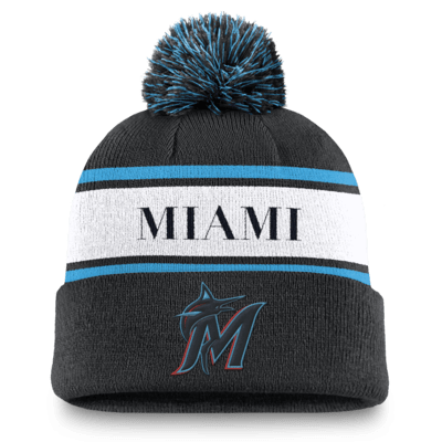 Gorro Nike de la MLB con dobladillo y pompón para hombre Miami Marlins Team Stripe Peak