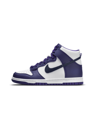 purple and white nike high tops