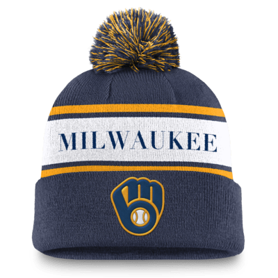 Milwaukee Brewers Team Stripe Peak Men's Nike MLB Cuffed Pom Beanie