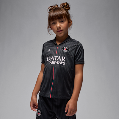 Conjunto de três peças de futebol Replica Jordan do quarto equipamento Stadium Paris Saint-Germain 2025/26 para criança