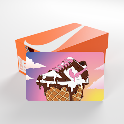 La tarjeta de regalo Nike se envía por correo en una minicaja de tenis Nike