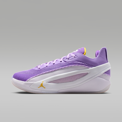 Nike Luka 5 Basketball Shoes in White/Atomic Violet/Wild Berry colorway, side profile view showing responsive cushioning and mesh upper construction