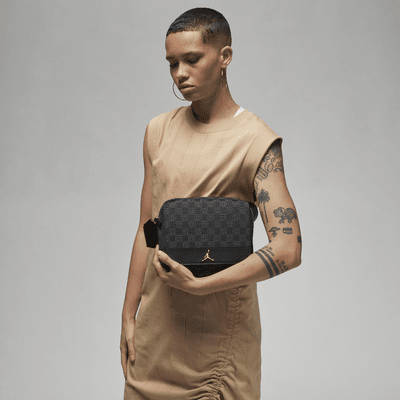 Black Leather Look Monogram Detail Cross Body Bag