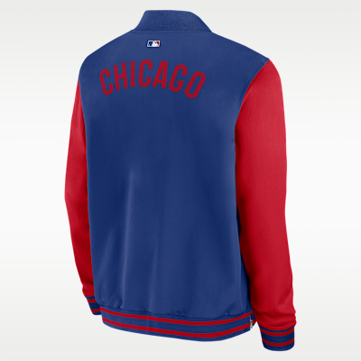 Chamarra bomber de la MLB de cierre completo Nike para hombre Chicago Cubs Authentic Collection Dugout