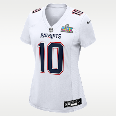 Jersey Nike de la NFL Game Fashion para mujer Drake Maye New England Patriots Super Bowl LX