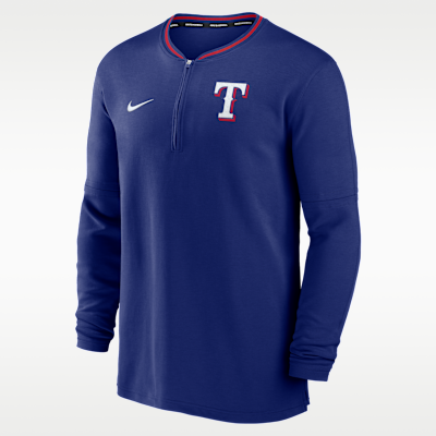 Playera de manga larga Nike Dri-FIT de la MLB de medio cierre para hombre Texas Rangers Authentic Collection