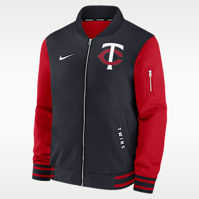 Chamarra bomber Nike de la MLB de cierre completo para hombre Minnesota Twins Authentic Collection Dugout