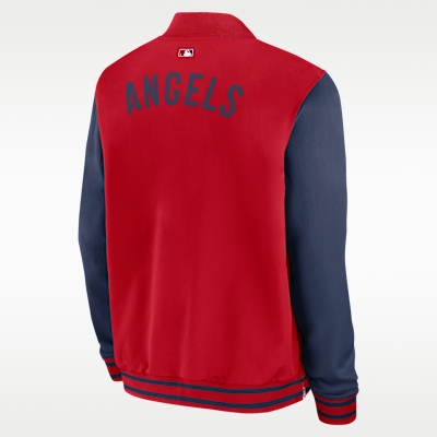 Chamarra bomber Nike de la MLB de cierre completo para hombre Los Angeles Angels Authentic Collection Dugout